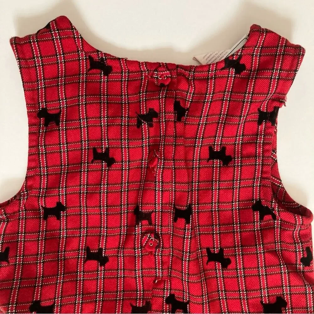 Samantha Says Red Tartan Plaid Velvet Scottie Dogs Button Back Tie Formal Dress